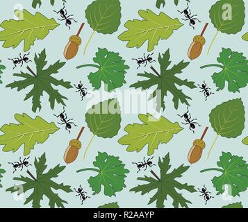 Seamless vector pattern with leaves, ants and acorns, blue background Stock Vector