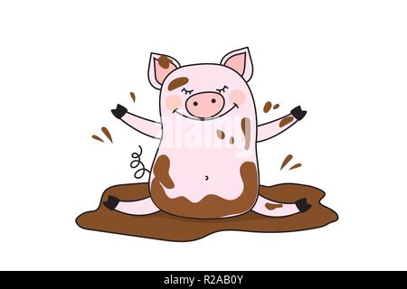 Funny pig in the mud,isolated on white background Stock Vector