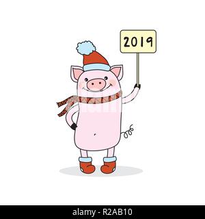 Funny and cute pig in red hat and scarf  holding sign 2019 Stock Vector