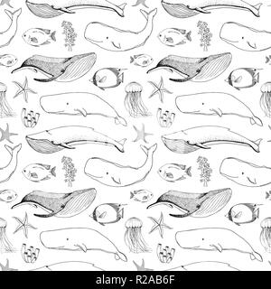 Seamless pattern with whales, orcs and other fishes. Vector Stock Vector