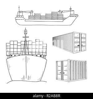 Sketch various containers and cargo ships. Hand drawn. Vector set. Stock Vector