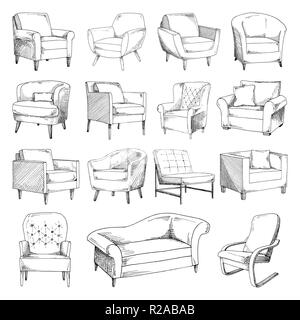 Set of different soft armchairs. Sketch vector illustration. Stock Vector