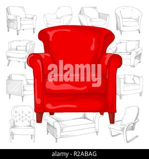 Set of different soft armchairs. Sketch vector illustration. Stock Vector