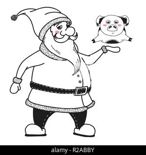 Santa Claus is holding a pig. Vector illustrations in sketch style Stock Vector