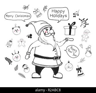 Santa Claus is holding a gift. Christmas set. Vector illustrations in sketch style Stock Vector