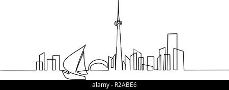 Continuous one line drawing. Building cityscape with sailboat line art silhouette. Vector illustration for banner, web, design element, template, postcard. Stock Vector