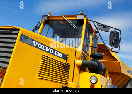 Enhorna, Sweden - June 6, 2018: Close-up of an yellow painted articulated hauler VOLVO BM 5350 6X6 produced 1987.. Stock Photo