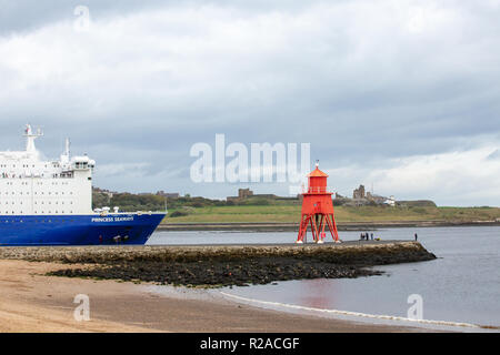 South Shields/England - October 14th 2017: South Shields pier with DFDS Seaways Ferry leaving for Amsterdam