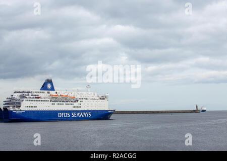 South Shields/England - October 14th 2017: South Shields pier with DFDS Seaways Ferry leaving for Amsterdam South Shields/England - October 14th 2017: South Shields pier with DFDS Seaways Ferry leaving for Amsterdam