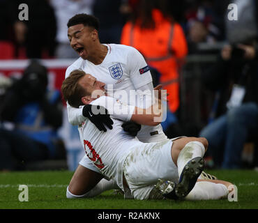 London, UK. 18th Nov 2018.HARRY KANE & JESSE LINGARD CELEBRATES  GBD13027 STRICTLY EDITORIAL USE ONLY. If The Player/Players Depicted In This Image Is/Are Playing For An English Club Or The England National Team. Then This Image May Only Be Used For Editorial Purposes. No Commercial Use. The Following Usages Are Also Restricted EVEN IF IN AN EDITORIAL CONTEXT: Use in conjuction with, or part of, any unauthorized audio, video, data, fixture lists, club/league logos, Betting, Games or any 'live' services. Also Restricted Are Credit: Allstar Picture Library/Alamy Live News Stock Photo