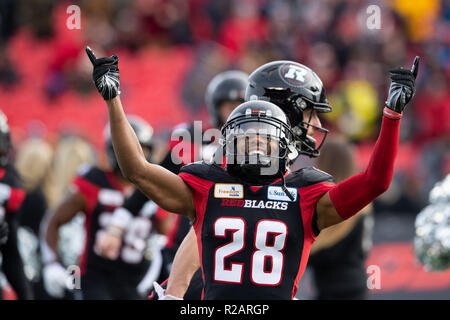 Ottawa, Canada. 18th Nov, 2018. Ottawa Redblacks Corey Tindal (28) revs up  the crowd prior to the CFL Eastern Division Final between the Hamilton  Tiger-Cats and Ottawa Redblacks at TD Place Stadium