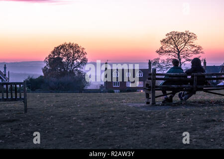 Frant, East Sussex, South East England. Sunset with views to the horizon across the valley over the Bridge Estate, clear sky cold November day Stock Photo