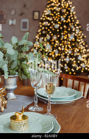 Beautifully Decorated Dining Table for Christmas Celebration Stock Photo