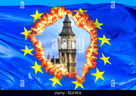 European flag on fire for United Kingdom exit with Big Ben tower of London, the house of a British parliament. The financial concept for Brexit and EU division. Stock Photo