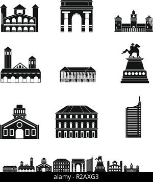 Milan Italy city skyline icons set. Simple illustration of 9 Milan Italy city skyline vector icons for web Stock Vector