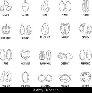 Nut types ith signed names icons set. Outline illustration of 20 nut types ith signed names vector icons for web Stock Vector