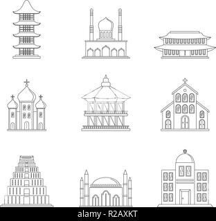 Temple tower castle icons set. Outline illustration of 9 temple tower castle vector icons for web Stock Vector