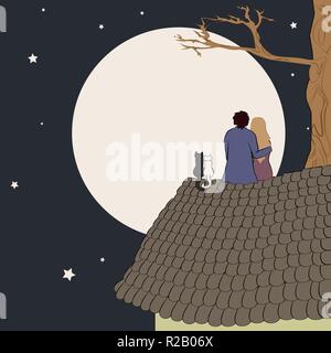 Hand drawn vector illustration of loving couple sitting on roof, looking at moon under stars in night sky with text place Stock Vector