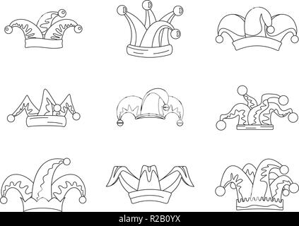 Jester fools hat icons set. Outline illustration of 9 Jester fools hat vector icons for web Stock Vector
