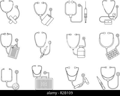 Phonendoscope stethoscope icons set. Outline illustration of 12 phonendoscope stethoscope vector icons for web Stock Vector