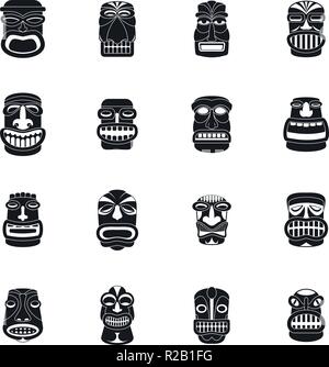 Tiki idol aztec hawaii face icons set. Simple illustration of 16 tiki idol aztec hawaii face vector icons for web Stock Vector