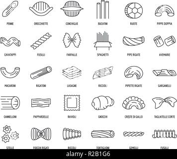 Macaroni pasta spaghetti noodles icons set. Outline illustration of 30 macaroni pasta spaghetti noodles vector icons for web Stock Vector