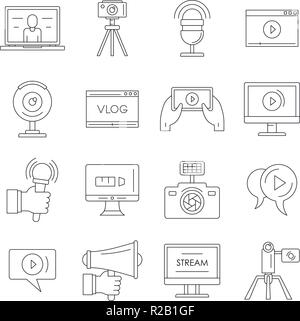 Vlog video channel logo icons set. Outline illustration of 16 vlog video channel logo vector icons for web Stock Vector