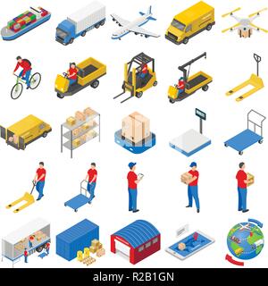 Logistic delivery icons set. Isometric illustration of 25 logistic delivery robot factory vector icons for web Stock Vector