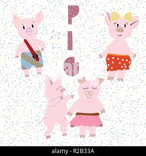 Set of cute pigs with hand lettering PIG. Design for cards, prints, calendar, sticker, invitation, baby shower, children clothes, poster. Stock Vector