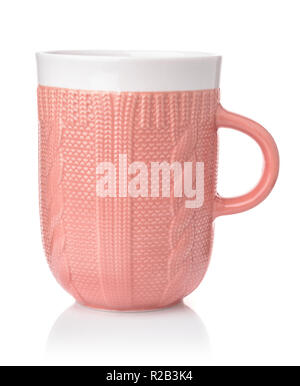 Side view of pink knit texture ceramic coffee mug isolated on white Stock Photo