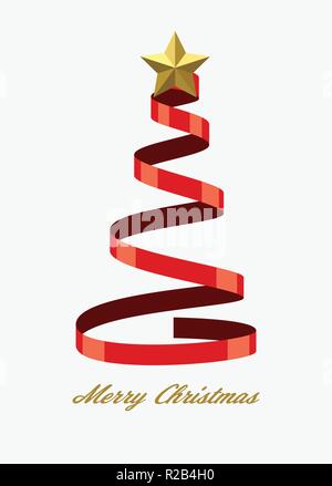 vector christmas holiday background for greeting cards with tree made of red ribbon and golden star and merry christmas text Stock Vector