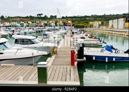 boats, yachts, colourful buildings, Albufeira Marina, Algarve, Portugal Stock Photo