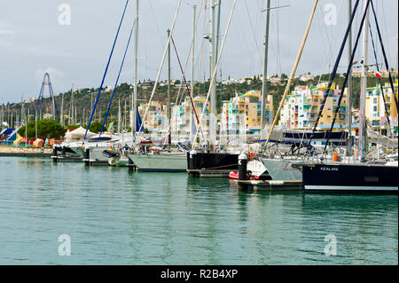 boats, yachts, colourful buildings, Albufeira Marina, Algarve, Portugal Stock Photo