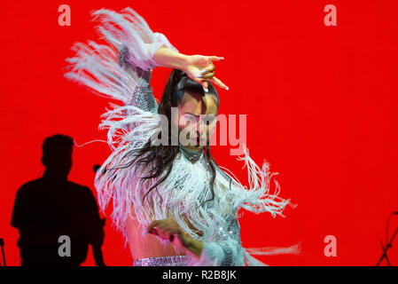 BARCELONA - JUN 15: Rosalia (flamenco singer) performs in a concert at Sonar Festival on June 15, 2018 in Barcelona, Spain. Stock Photo