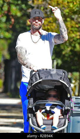 A visibly agitated Adam Levine flashes his middle finger to the camera while on a walk with his daughter Dusty Rose  Featuring: Adam Levine Where: Los Angeles, California, United States When: 18 Oct 2018 Credit: WENN.com Stock Photo