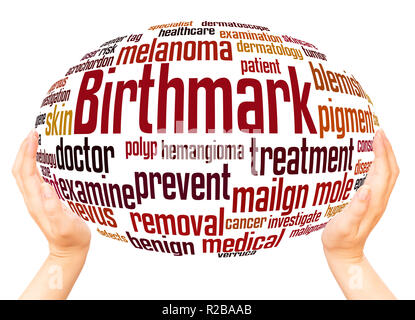 Birthmark word cloud hand sphere concept on white background. Stock Photo