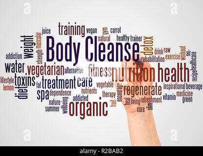 Body Cleanse, word cloud and hand with marker concept on white background. Stock Photo