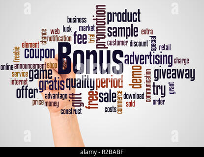 Bonus word cloud and hand with marker concept on white background. Stock Photo