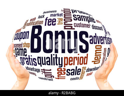 Bonus word cloud hand sphere concept on white background. Stock Photo