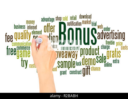 Bonus word cloud hand writing concept on white background. Stock Photo