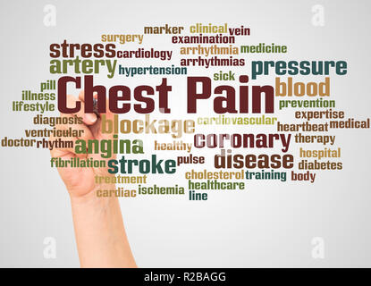 Chest pain word cloud and hand with marker concept on white background. Stock Photo