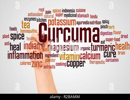 Curcuma word cloud and hand with marker concept on white background. Stock Photo
