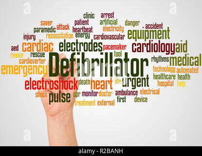 Defibrillator word cloud and hand with marker concept on white background. Stock Photo