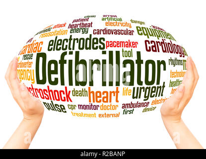 Defibrillator word cloud hand sphere concept on white background. Stock Photo