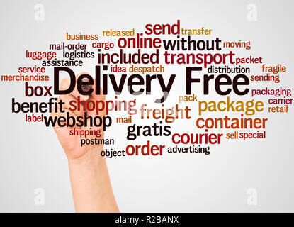 Delivery Free word cloud and hand with marker concept on white background. Stock Photo