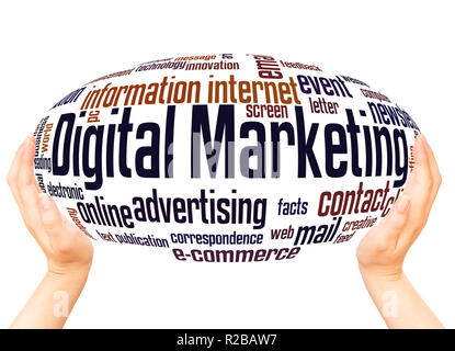 Digital marketing word cloud hand sphere concept on white background. Stock Photo