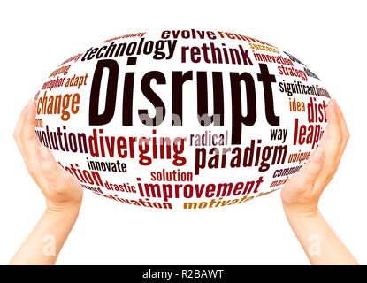 Disrupt word cloud hand sphere concept on white background. Stock Photo
