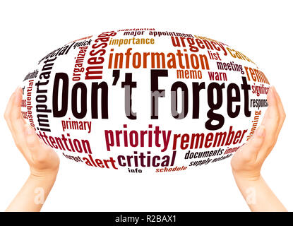 Don't Forget word cloud hand sphere concept on white background. Stock Photo
