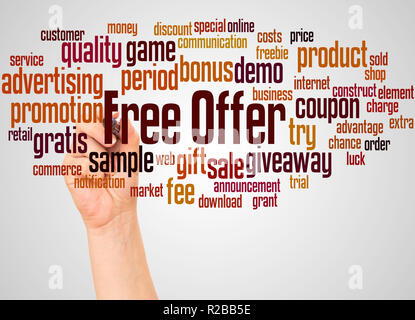 Free offer word cloud and hand with marker concept on white background. Stock Photo