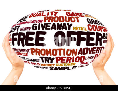 Free offer word cloud hand sphere concept on white background. Stock Photo
